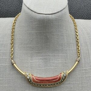 Vintage Orena Paris Necklace Gold Tone Chain Red Enamel Rhinestone Collar 14"